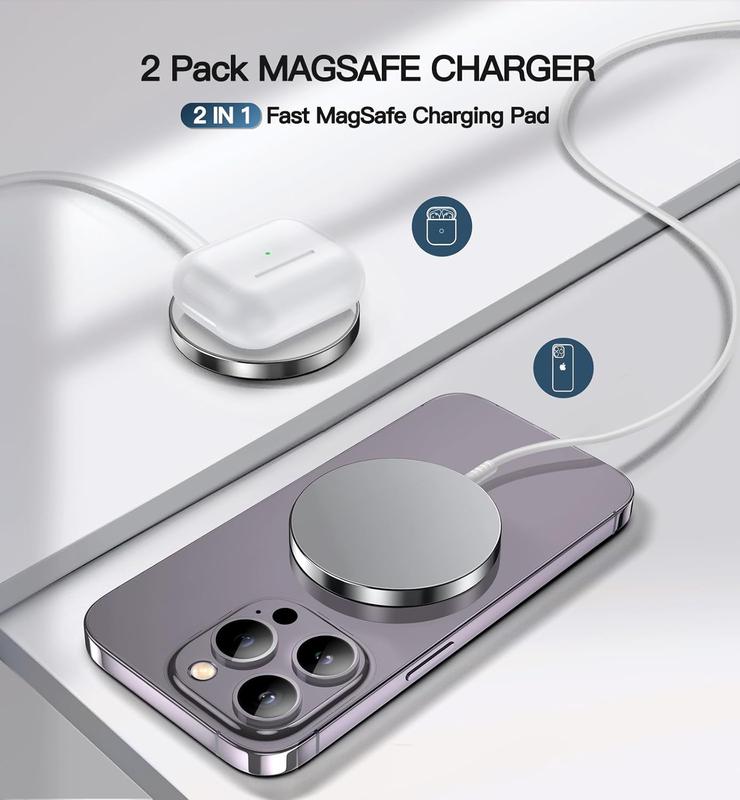 2-Pack 15W Magnetic Fast Charger for iPhone 16 15 14 & AirPods – MagSafe Compatible