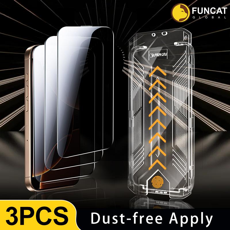 [3PCS] FUNCAT GLOBAL Screen Protector For iPhone 16 15 14 13 12 Dust-free Applicator (Reusable Easy Installation) Headset Covered, Fully Protection, Fingerprint-proof, Electroplated Layer, Tempered glass