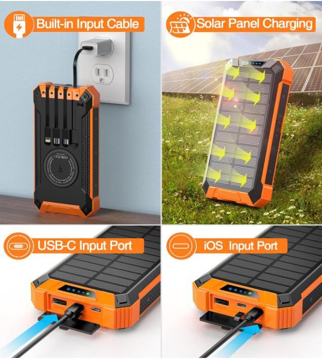 Solar Power Bank,Portable Charger 10000mAh Waterproof Wireless Charger Power Bank,LED Flashlights Built-in 4 Cables Six-Outputs 15W for iPhone 15 14 13 12 11 Samsung S23 S22 S21 iPad Tablet Accessories Charging Chargeable