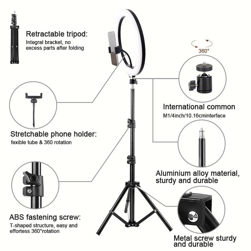 12inch LED Ring Fill Light Set, 3 color modes, adjustable brightness, USB-powered - includes retractable tripod and phone stand for video, photography, makeup and live streaming