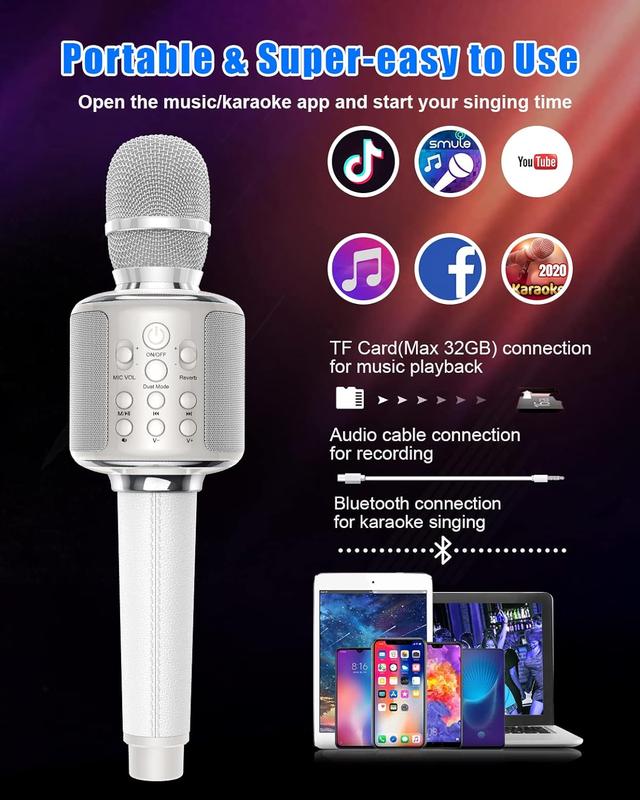 Karaoke Microphone, Wireless Bluetooth Rechargeable Mic with Stereo Speaker, Reverb｜Duet Mode｜Recording｜Vocal Remove, Compatible with All Smartphones Easy-to-use for Adults & Kids Audio Portable Ktv