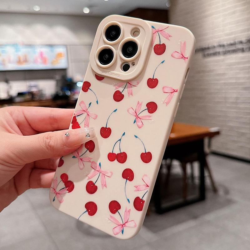 Cherry Pattern Phone Case with Lens Protector, Cute Bow Decor Phone Protective Cover, Phone Accessories Compatible with iPhone 15 14 13 12 11 X, Unique Phone Cases