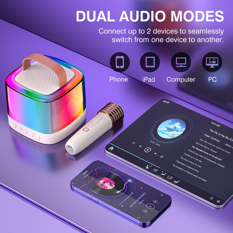 The new 2024 Portable Karaoke Two Bluetooth Microphones Speakers, Mini Ultra Long Range, Dual Wireless Microphones, and Color Lights, loved by kids and adults, is the perfect birthday gift for children aged 4-12. Audio smartphones