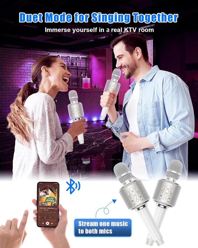 Karaoke Microphone, Wireless Bluetooth Rechargeable Mic with Stereo Speaker, Reverb｜Duet Mode｜Recording｜Vocal Remove, Compatible with All Smartphones Easy-to-use for Adults & Kids Audio Portable Ktv