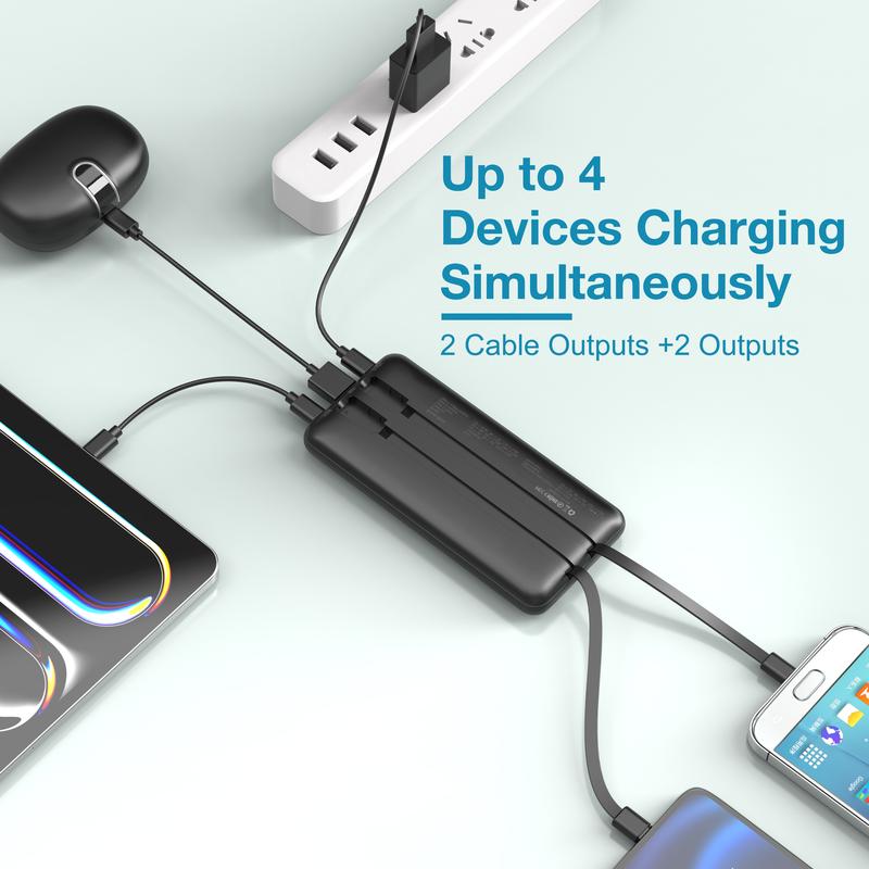 Portable Charger with Built-in Cables,Portable Charger with Cords Wires Slim 10000mAh Travel Battery Pack 4 Outputs 2 Inputs 22.5W Fast Charging Power Bank for Samsung Google Pixel LG Moto iPhone iPad