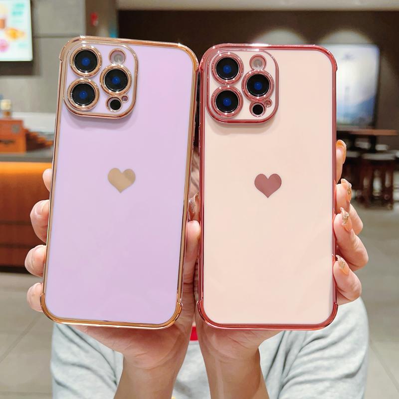 Luxury Gold Plating Cute Love Heart Case，Dust-Proof Net，with Side Heart Pattern For iPhone 16 Pro Max Case 11 12 13 14 15 Protector Cover