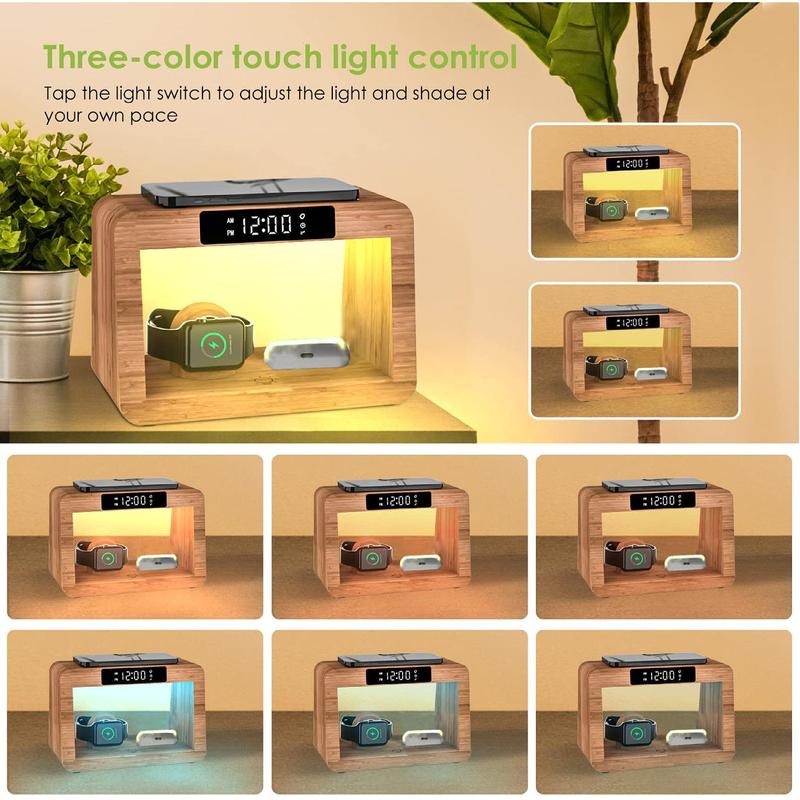 Bamboo Box Design Wireless Charging Station, Multifunctional Desktop Wireless Charging Stand With Three-color Touch Light Control for Phone, Earphone, Watch