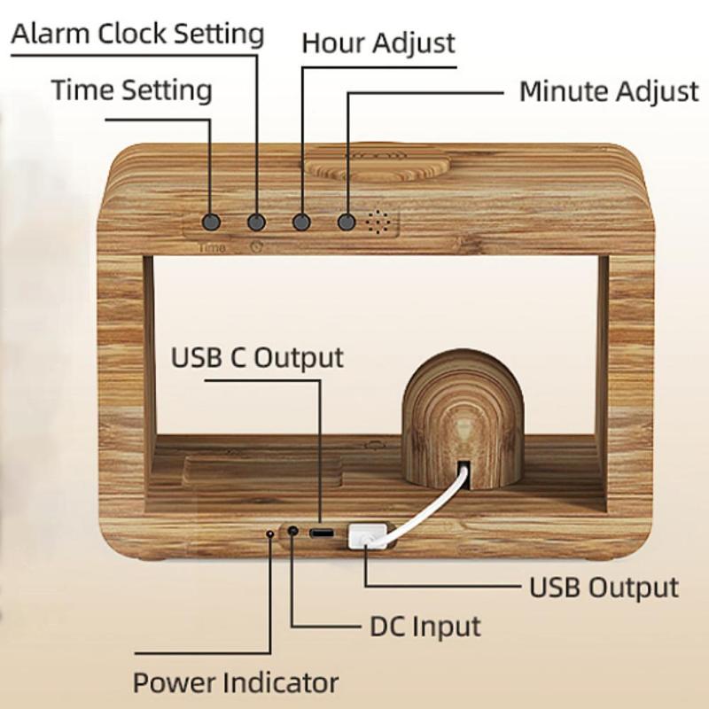 Bamboo Box Design Wireless Charging Station, Multifunctional Desktop Wireless Charging Stand With Three-color Touch Light Control for Phone, Earphone, Watch