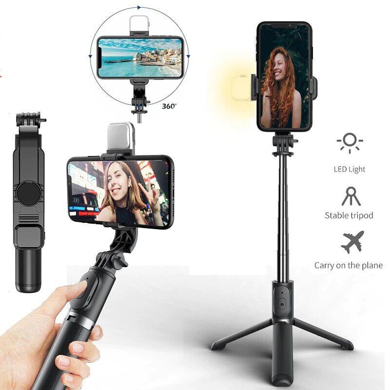 Selfie Stick Tripod Portable Rotating Phone Stand Holder，Wireless Bluetooth Remote ，Stainless Steel，3 Light Modes for iPhone for Android Phone for Selfie Video Recording Photo Live Stream Vlog