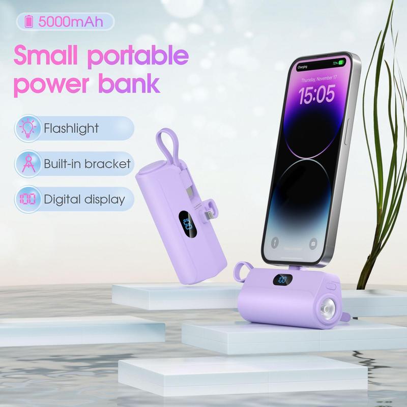 5000mAh Portable Mini Power Bank with Built-in Cables, Mobile Power Bank with LED Digital Display & Flashlight, Suitable for iPhone 15 14 13, Galaxy S21 & More, Phone Accessories, Portable Charger Power Bank