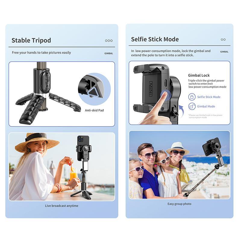 Phone Tripod Stabilizer, Foldable Anti-shake Handheld Gimbal Tripod with Battery Required Remote Control & Selfie LED Light, Portable Lightweight Stable Tripod for Taking Photos, Video, Live Streaming, Stocking Fillers Gift