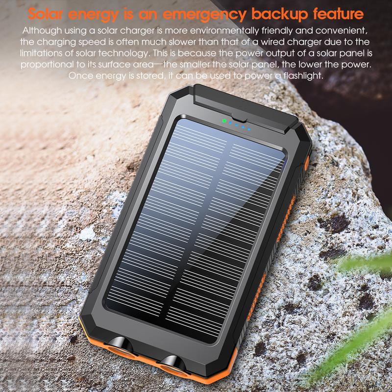 Solar portable charger -10000mAh built-in 2 LED flashlights, waterproof and dust-proof, compass, climbing buckle, USB-C interface output and input, external battery pack efficient charging, suitable for outdoor activities & travel