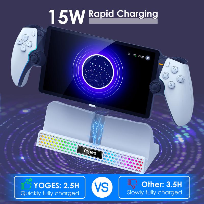 YOGES Charging Dock for PlayStation Portal, 3 in 1 Charging Stand for PS5 Portal with 14 RGB Light and 4.9ft USB C Charging Cable, Portable Charger Accessories for PlayStation Portal Remote Player