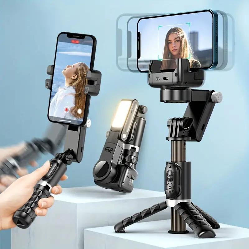 Phone Tripod Stabilizer, Foldable Anti-shake Handheld Gimbal Tripod with Battery Required Remote Control & Selfie LED Light, Portable Lightweight Stable Tripod for Taking Photos, Video, Live Streaming, Stocking Fillers Gift