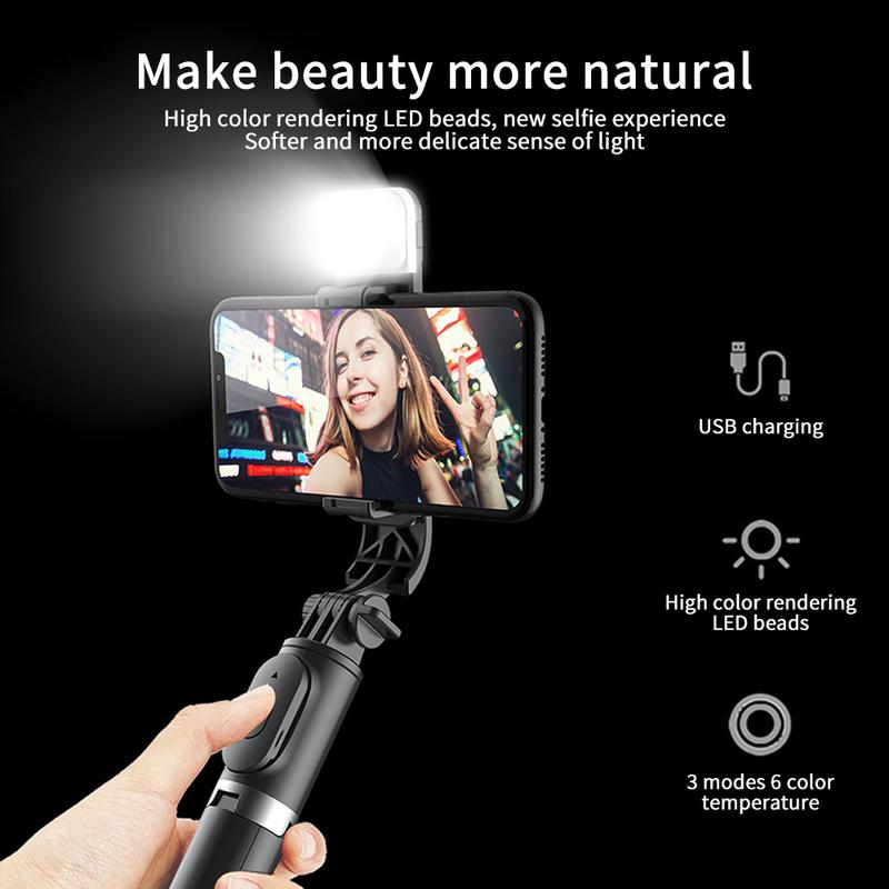 Selfie Stick Tripod Portable Rotating Phone Stand Holder，Wireless Bluetooth Remote ，Stainless Steel，3 Light Modes for iPhone for Android Phone for Selfie Video Recording Photo Live Stream Vlog