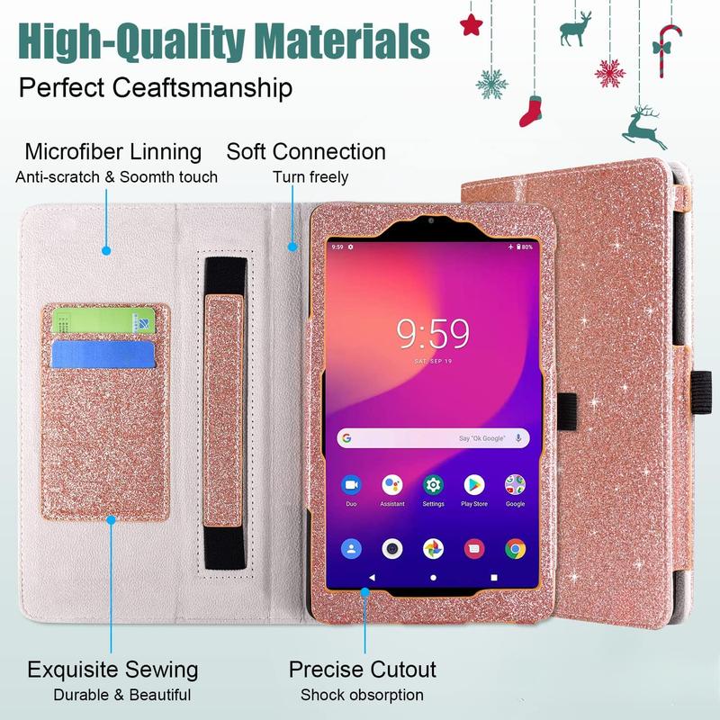 Case for Metro by T-Mobile Alcatel Joy Tab 2, 8 Inch Tablet 2020 Release, Shockproof Folio Cover Protector Accessory with Handle Hand Strap, Stand, Card Slot, Glitter Rose