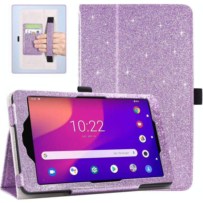 Case for Metro by T-Mobile Alcatel Joy Tab 2, 8 Inch Tablet 2020 Release, Shockproof Folio Cover Protector Accessory with Handle Hand Strap, Stand, Card Slot, Glitter Rose