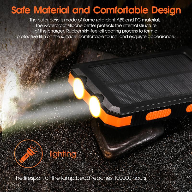 Solar portable charger -10000mAh built-in 2 LED flashlights, waterproof and dust-proof, compass, climbing buckle, USB-C interface output and input, external battery pack efficient charging, suitable for outdoor activities & travel