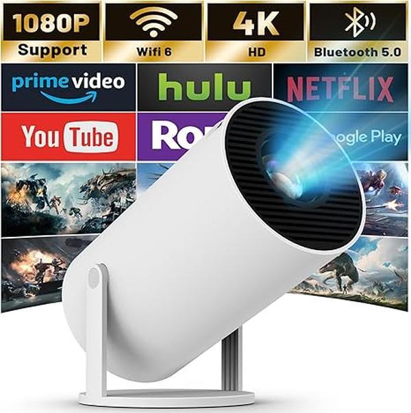 40''-130'' Smart Mini Projector 4K 5G WIFI, Big Screen Experience with Premium 360 Sound, 5.0 Bluetooth Movie Projector Compatible With Android iOS Windows TV Stick HDMI USB Audio 3.5 white