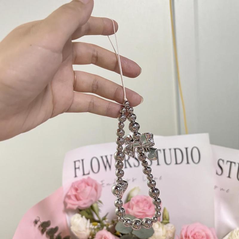 Cute Heart Decor Phone Chain, Anti-lost Electroplated Phone Lanyard, Round Bead Hanging Phone Strap for Women & Girls