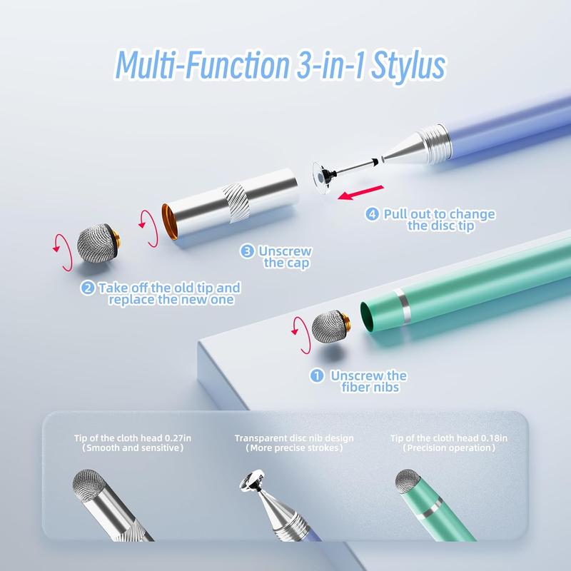 Stylus Pens for Touch Screens(3 ), High Precision 3-in-1 Fiber Tips Stylus Pen for iPad with Disc Stylus Compatible with  iPad Android Tablets and All Touch Screens