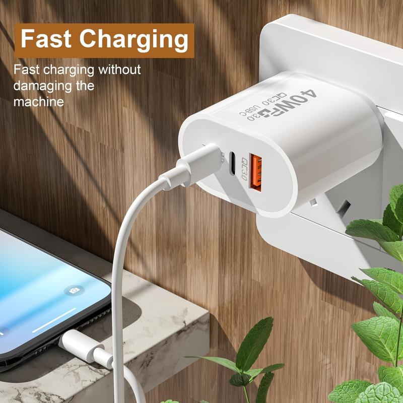 40W USB-C Power Adapter, 3-Port Charger with Fast Charging, PD USB-C TYPE C Wall Charger for iPhone 12 13 14 15 Samsung Android