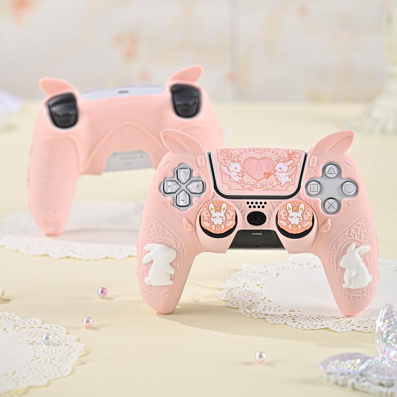 GeekShare PS5 Controller Skin Set,Soft Silicone Protective Cover Case for Playstation 5 Wireless Controller with 2 Thumb Grip Caps and 1 Sticker Pink Console Accessories - Gothic Bunny