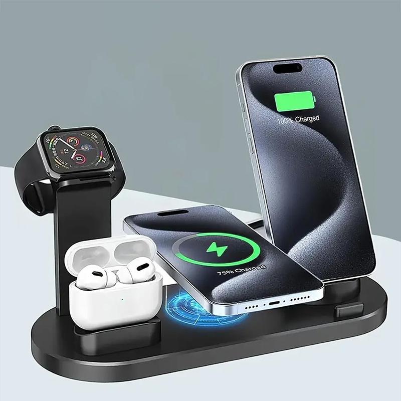 15W 6 in 1 Wireless Charger Stand, Multifunctional Desk Phone Holder, Fast Charging Station for iPhone 15 14 13 12 11 Pro Max Apple Watch AirPods