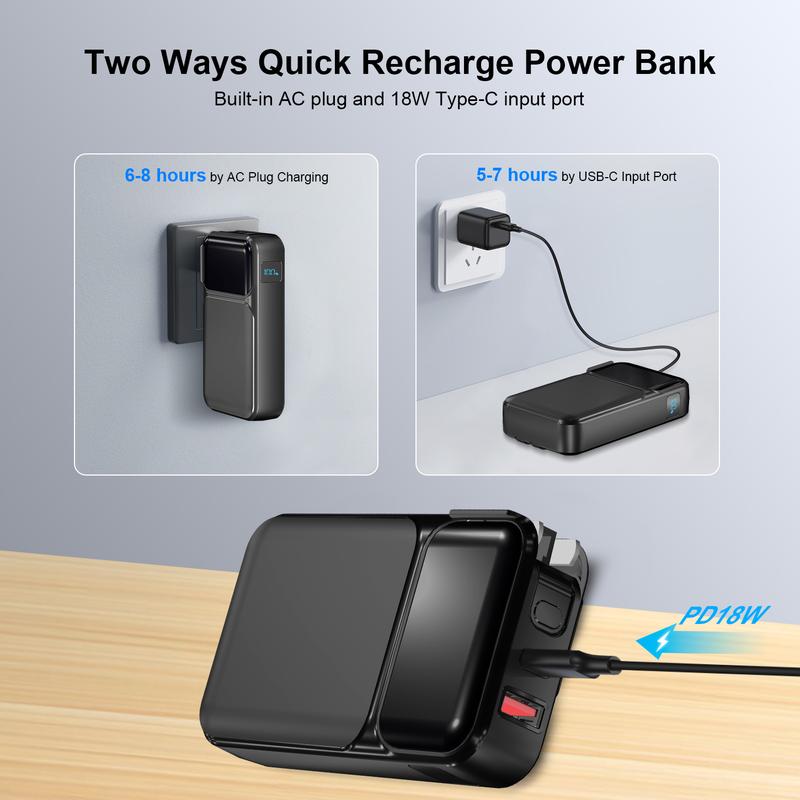 Portable Charger with built-in cables & AC wall plug. 22.5W fast charging, 38800mAh capacity, LED display. Compatible with iPhone, Android, and more!