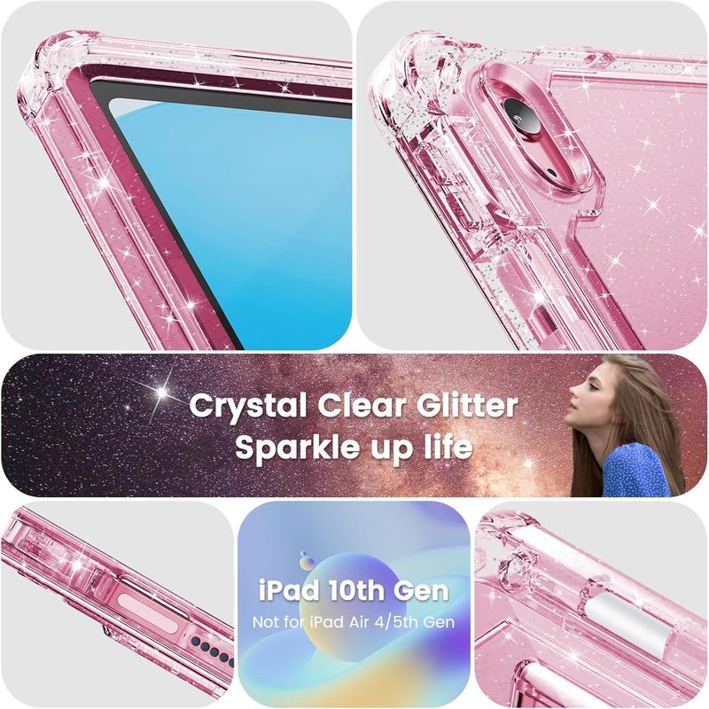 Compatible with iPad 10th Generation Case 10.9 inch, Glitter Sparkly Clear Dual Layer Protection Cute Case for Girls,  with Pencil Holder & Kickstand,Rose Pink