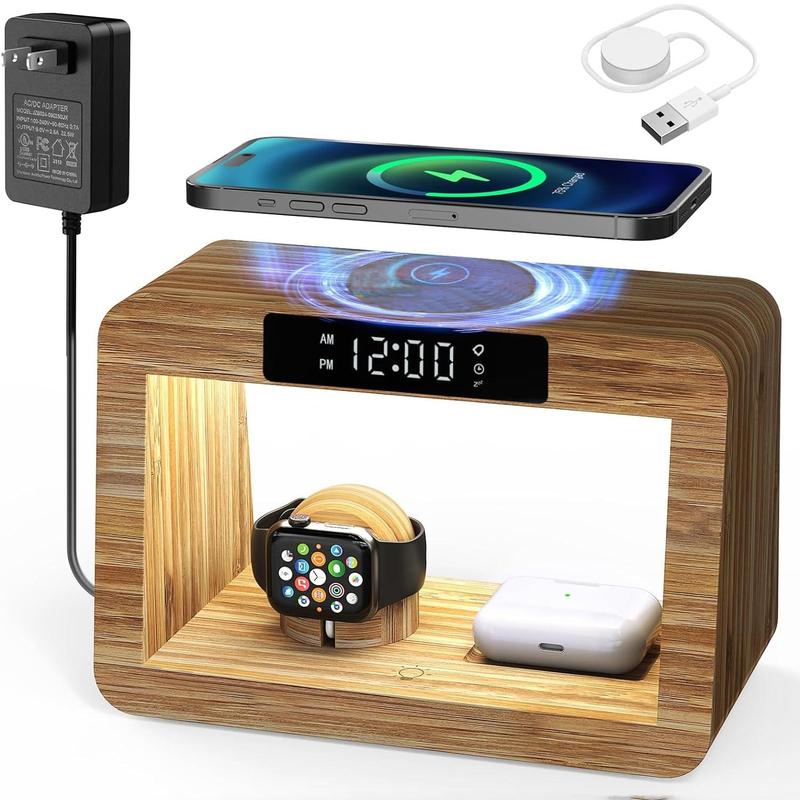 Bamboo Box Design Wireless Charging Station, Multifunctional Desktop Wireless Charging Stand With Three-color Touch Light Control for Phone, Earphone, Watch