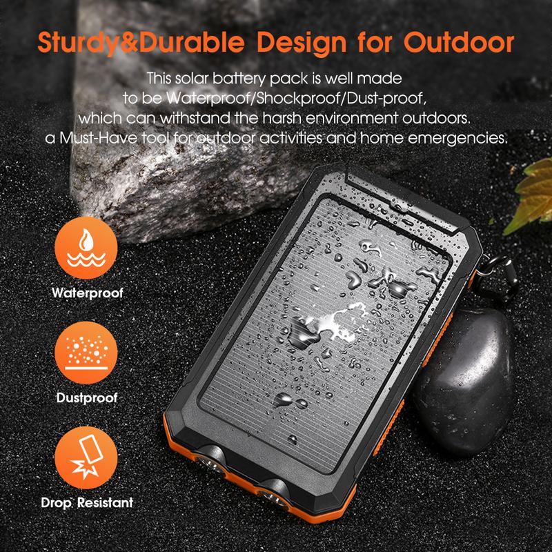 Solar portable charger -10000mAh built-in 2 LED flashlights, waterproof and dust-proof, compass, climbing buckle, USB-C interface output and input, external battery pack efficient charging, suitable for outdoor activities & travel