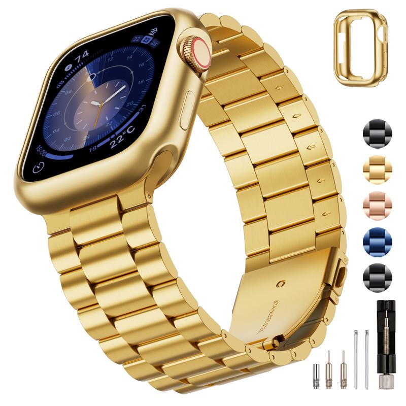 Stainless Steel Apple Watch Band and Case for Men and Women, Compatible with 45mm, 44mm, and 42mm Apple Watches, Suitable for Series 9 8 7 6 5 4 3 2 1 SE SE2 (Golden, 42mm 44mm 45mm) Accessories Wearable (only watch band)