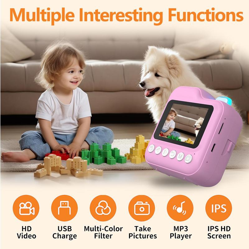 Instant Print Camera for Kids, 1080P Instant Camera with 2 Rolls Print Paper, Selfie Digital Video Camera, Birthday Gifts for Girls Boy