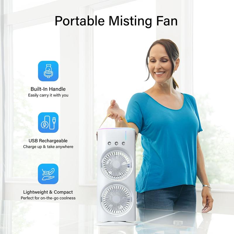 AquaMist Portable Misting Fan, Remote Controlled, Oscillating, USB-C Rechargeable, Color Changing, Lightweight, Portable,