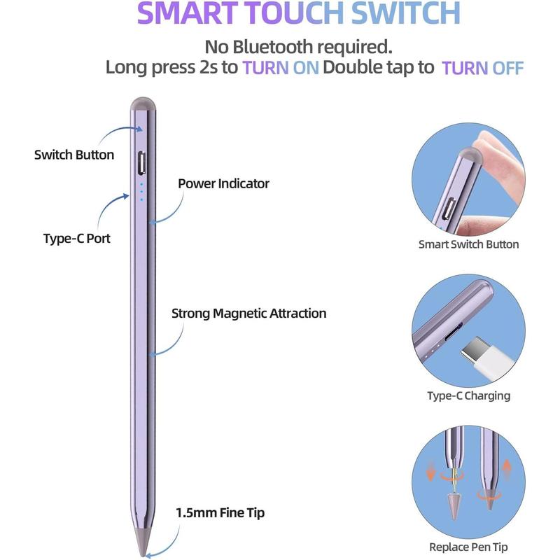 Stylus Pen for iPad, Apple Pencil for iPad 10th 9th Gen, Apple Pen iPad Pencil for iPad Air 5 4 3rd, iPad Pro 11 12.9 Inch, with Palm Rejection & Tilt Sensitivity, Magnetic Stylus iPad Pen, Purple