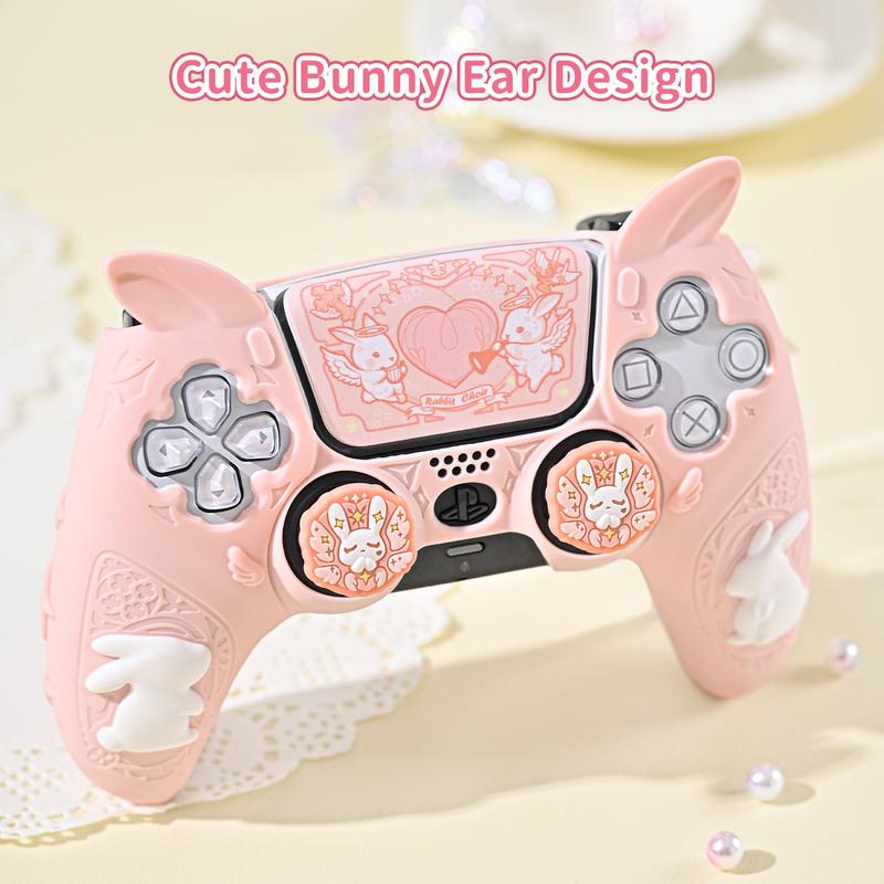 GeekShare PS5 Controller Skin Set,Soft Silicone Protective Cover Case for Playstation 5 Wireless Controller with 2 Thumb Grip Caps and 1 Sticker Pink Console Accessories - Gothic Bunny