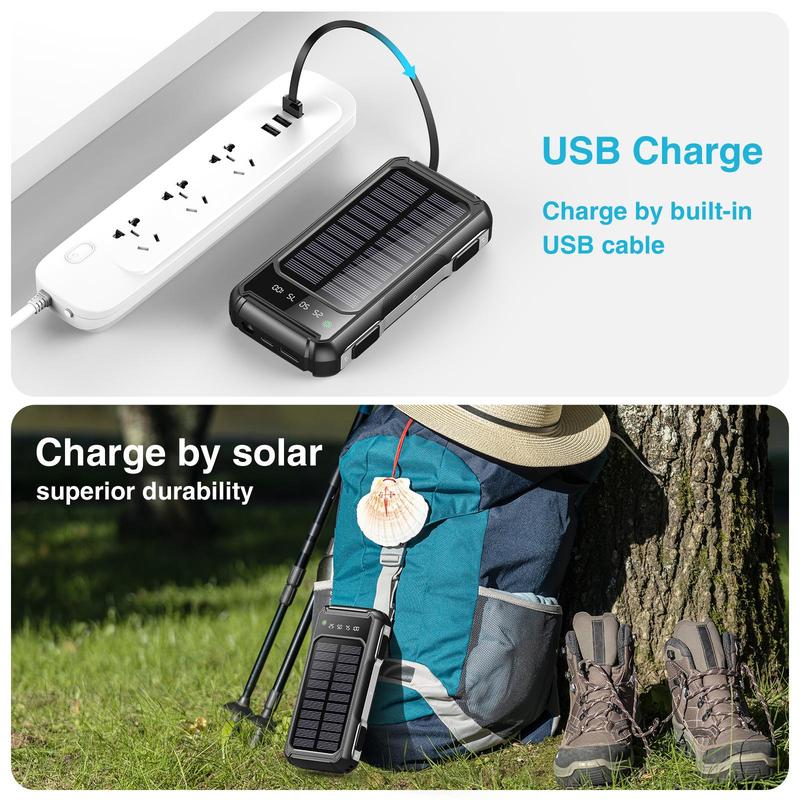 20000mAh Solar Power Bank for Summer, Large Capacity Power Bank with Power Display Compatible with iPhone & Huawei Phone, Mobile Changer with Built-in Cables & Flashlight, Phone Charging Accessories, Boyfriend Gift