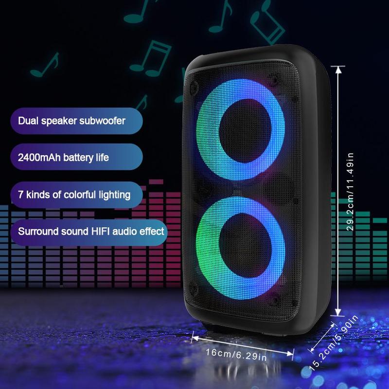 Portable Wireless Speaker with Microphone, 1 Box Rechargeable Stereo Sound Sub Woofer Speaker with RGB Colorful LED Lights, Karaoke Machine Sound System for Outdoor Sports Travel