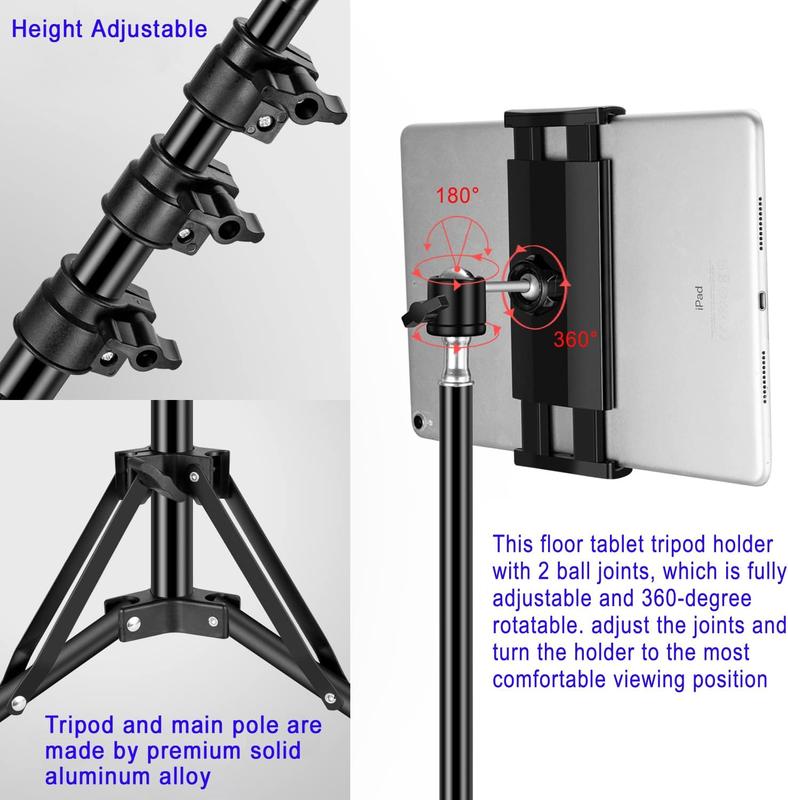 Tripod Floor Stand, with 65 inch Height Adjustable Stand Holder & 360 Rotating iPad Tripod Mount for iPad Pro, , Kindle, and All 4.5-12.9 Inch Tablets