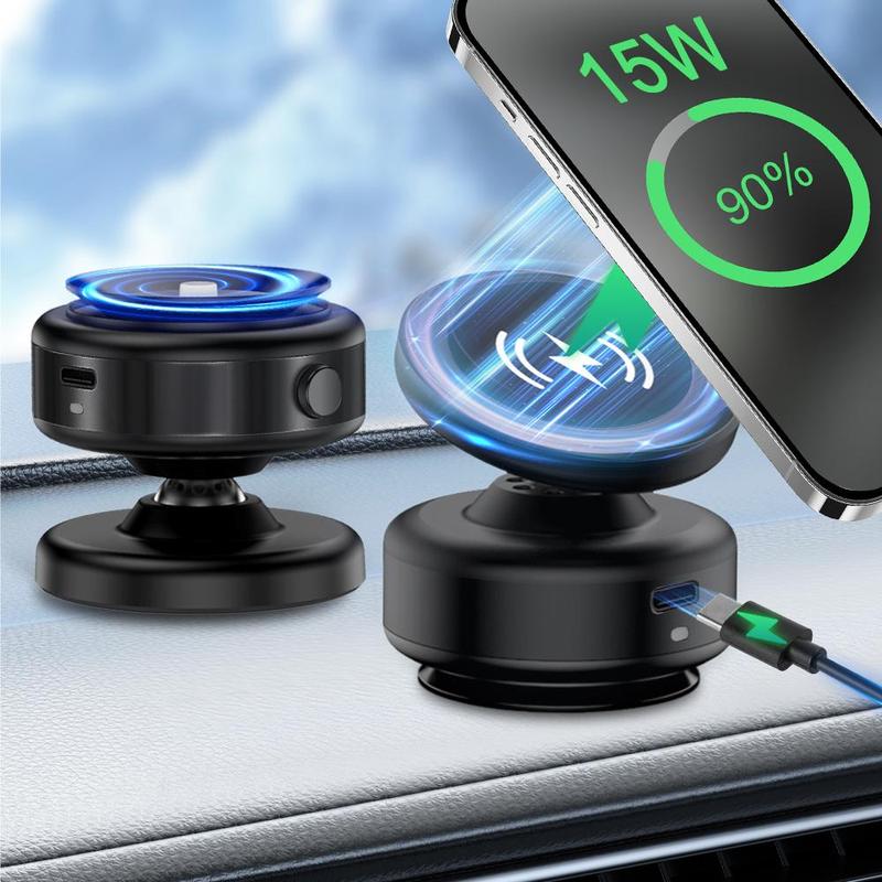 2 in 1 Electric Vacuum Car Phone Holder, 15W Wireless Interior Charger, 360° Rotatable Car Magnetic Suction Phone Mount Compatible with iPhone and Android