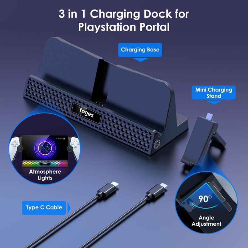 YOGES Charging Dock for PlayStation Portal, 3 in 1 Charging Stand for PS5 Portal with 14 RGB Light and 4.9ft USB C Charging Cable, Portable Charger Accessories for PlayStation Portal Remote Player