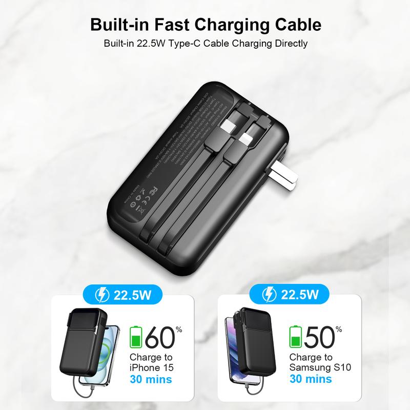 Portable Charger with built-in cables & AC wall plug. 22.5W fast charging, 38800mAh capacity, LED display. Compatible with iPhone, Android, and more!