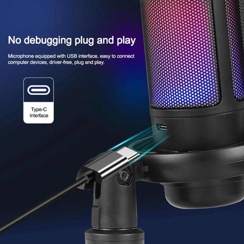 Gaming USB Microphone for PC PS5, Condenser Mic with Quick Mute, RGB Indicator, Tripod Stand, Pop Filter, Shock Mount, Gain Control for Streaming Discord Twitch Podcasts Videos Audio Recording