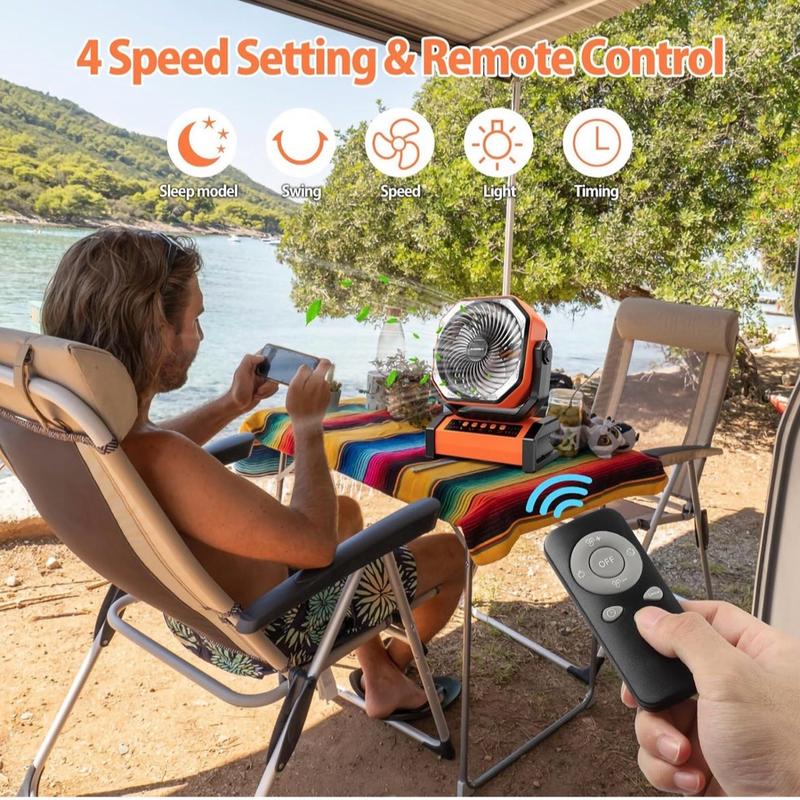 Weather Resistant 20000mAh Rechargeable Fan - Remote Control, Auto Oscillating, 16 LED Light, 4 Timer, USB Port Charging Mobile Blades