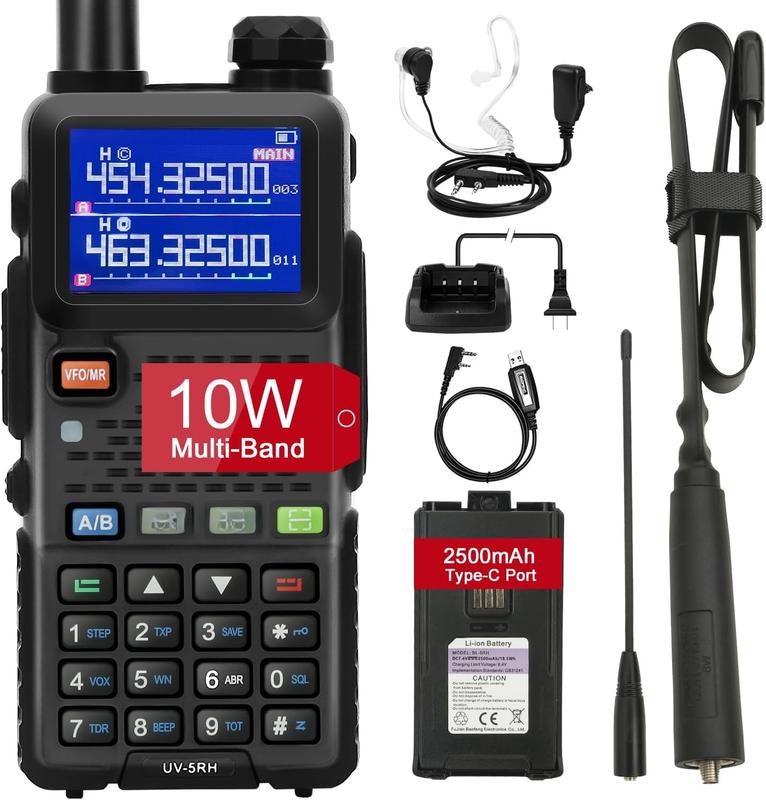 UV-5RM 10W Radio, Ham Radio Long Range with Tctical Antenna Handheld Multi-Band Two Way Walkie Talkie, Portable UV5RM GMRS Radio with Air Duct Earpiece & 2500mAh Type-C Port Battery