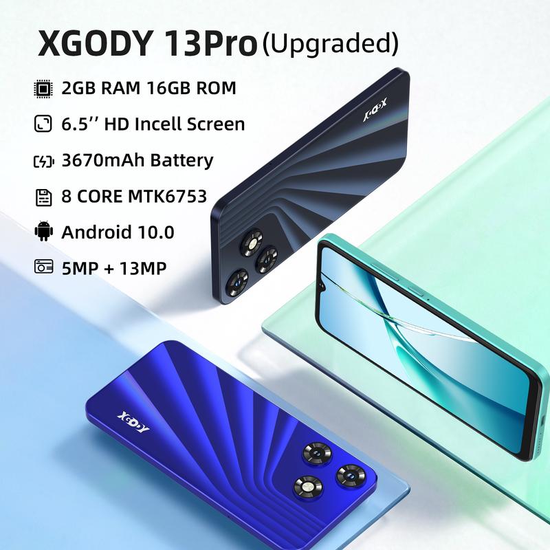 Xgody 13 Pro 6.56'' HD Screen Unlocked 4G LTE Cellphone - Dual SIM, 15MP+5MP Camera, 2GB+16GB, Face Unlock & 3670mAh Battery Android Smartphone