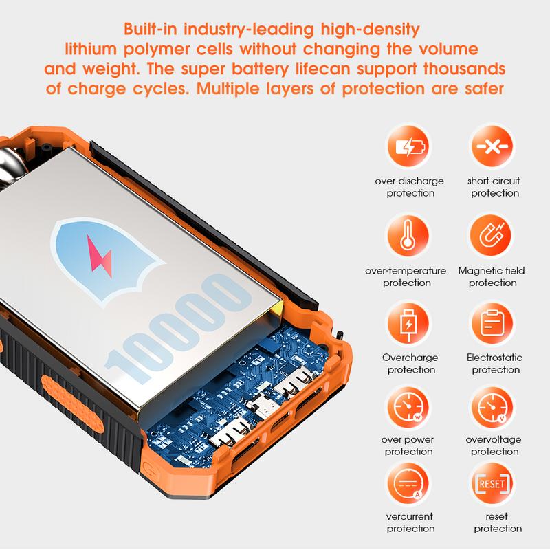 Solar portable charger -10000mAh built-in 2 LED flashlights, waterproof and dust-proof, compass, climbing buckle, USB-C interface output and input, external battery pack efficient charging, suitable for outdoor activities & travel