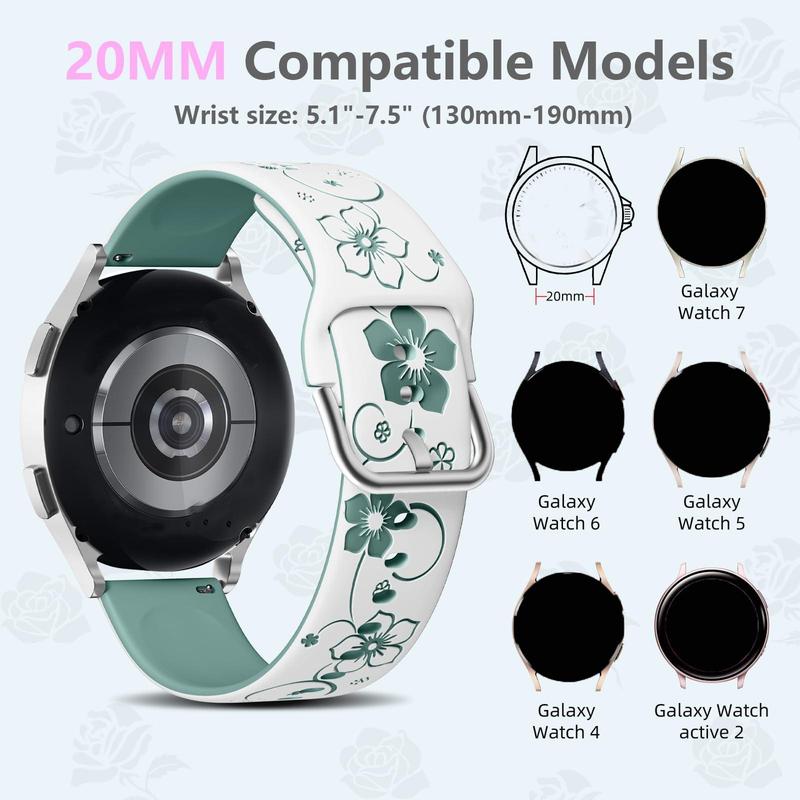 Flower Pattern Watch Band (Band Only), Soft Silicone Sport Band for Women, Wearable Accessories Compatible with Galaxy Watch 7 6 5 4