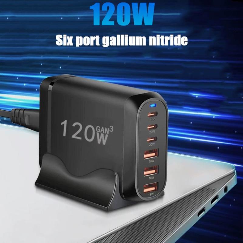 120W 6-Port USB Type-C Desktop Charger, Multifunctional PD Charger with US Plug, Portable Fast Charging Adapter for Home Office Travel, Portable Chargers, Boyfriend Gift